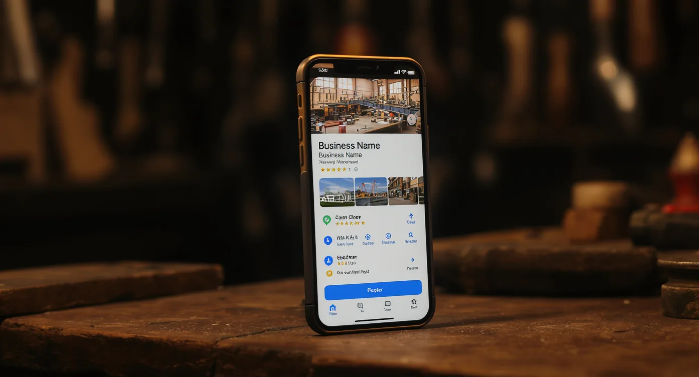 Handwerker hält ein Smartphone, auf dem ein Google Unternehmensprofil mit Bewertungen, Telefonnummer und Route angezeigt wird