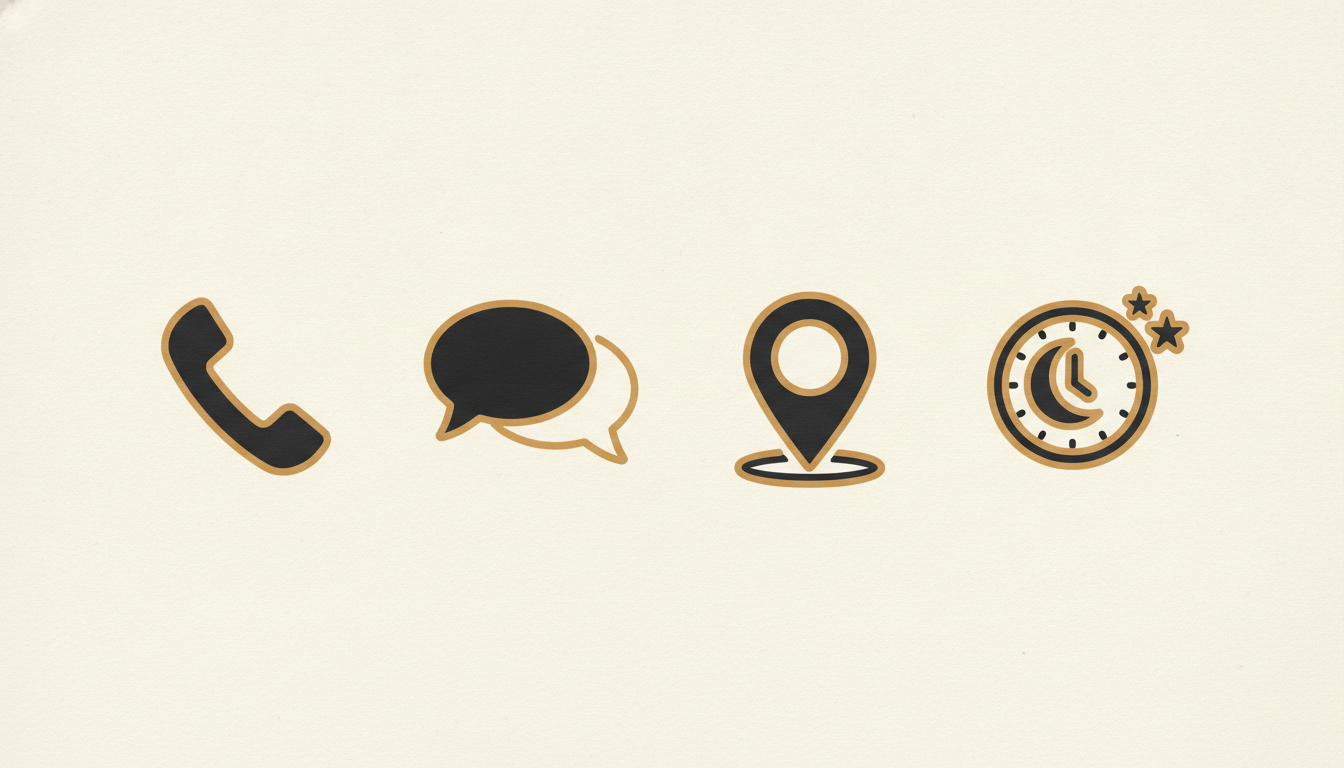Symbolgrafik: Telefon, Chat-Nachricht, Standort und Uhrzeit als vier Kontaktkanäle